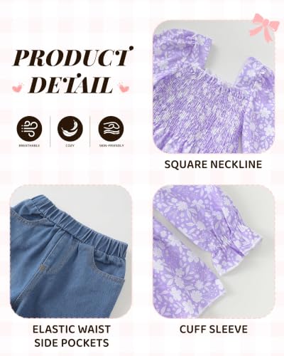 Image of Kucnuzki Toddler Kids Girl Clothes Long Sleeve Shirt Tops Baggy Jeans Cute Pants Set Baby Girl Outfit 2 Piece Clothing