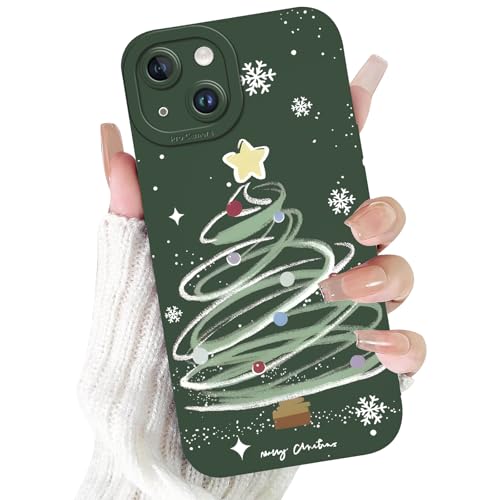 Vxinvnoi Navidad Funda para iPhone 14, Carcasa Verde Silicona con Árbol de Navidad Dibujos Animados Diseño, Suave Antigolpes TPU Bumper Protector Case Fundas para Movil iPhone 14 6,1", 01