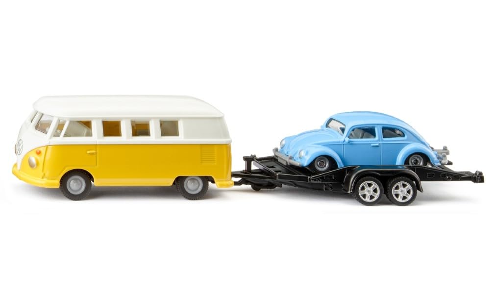 Siku - Volkswagen T1 with Trailer and Beetle - Yellow/White/Blue - Sturdy Model Vehicle Set - Metal and Plastic - PVC Free - Small-Scale Toy - Stable Construction - from 3 Years Old and Up - SK-2567