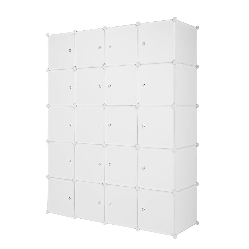 Bonnlo Kleiderschrank aus Kunststoff, DIY Regalsystem, Tragbarer Garderobenschrank, Regal mit Türen, Steckregal 20 Würfel, mit 3 Kleiderstange, Weiß, 142x47x178cm