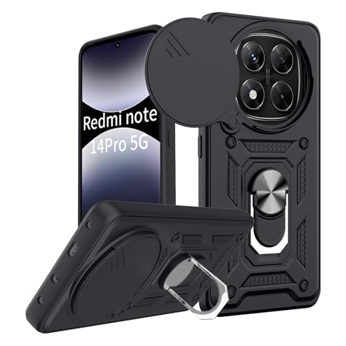 COPIKE Funda Armor para Xiaomi Redmi Note 14 Pro 5G / Xiaomi Poco X7 5G, Carcasa Antigolpes Cubierta de Cámara Deslizante Proteger con Soporte Giratorio de Anillo, Negro