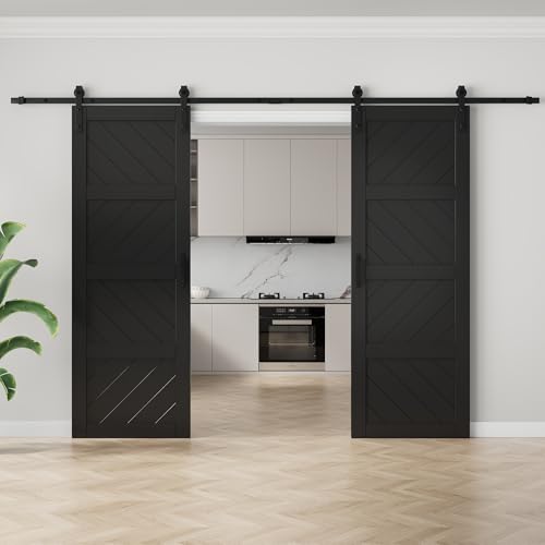 Image of 60 inchx84 inch Black Waved Barn Door with 12 FT Track Kit & Handle & Floor Guide | Pre-Drill Holes Double Barn Door For Easy Assembly, Solid Core Wood Sliding Barn Door for Water-Resistant & Sound Reduction