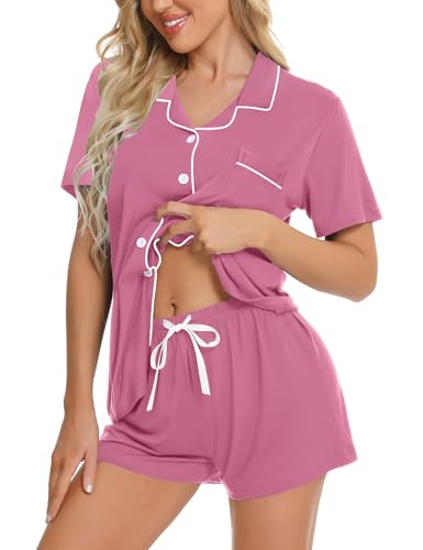 Image of SWOMOG Womens Button Down Pajamas Set Short Sleeve Sleepwear Bride Soft Pj Lounge Sets XS-3XL