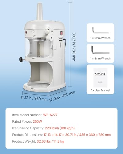 Image of VEVOR Commercial Ice Shaver Crusher, 220lbs /hr Electric Fluffy Ice & Snow Cone Machine, 250W 1500RPM Tabletop Fluffy Shaved-Ice Machine for Parties Events Snack Bar, Home and Commercial Use (White)