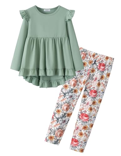 Image of Yekaty Girls Clothes Ruffle Shoulder High Low Hem Long Sleeve Top and Floral Pants 2 Piece Fall Outfits Clothing Set
