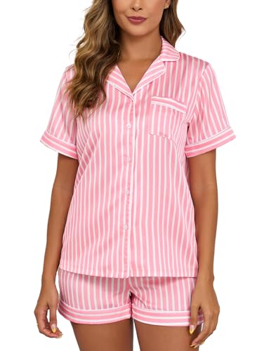 Image of Veseacky Women Satin Pajamas Set 2 Piece Button Down Short Sleeve Soft Sleepwear with Pockets