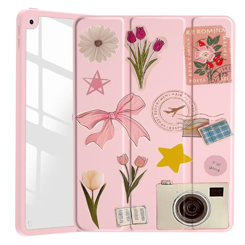 ステッカー コラージュケース iPad Air 11インチ M3(2025)/M2(2024)、iPad Air 第5世代/第4世代 10.9インチ用 ピンク リボン クリア ハードバック ハイブリッドケース、鉛筆ホルダー付き 三つ折りスタンドカバー 女性用