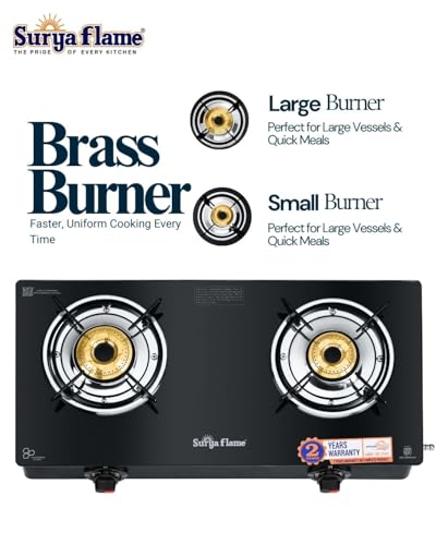 Image of Surya Flame Gas Stove 2 Burner with Glass Top, Brass Burners, 69%+ Thermal Efficiency & Toughened Glass, 2 Years Warranty & Doorstep Service across India