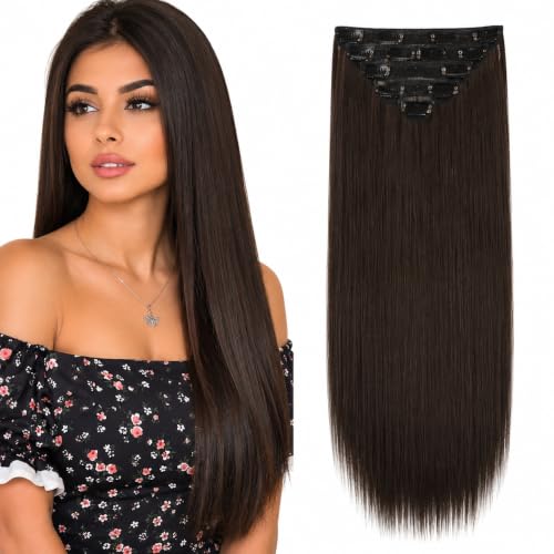 Image of Salon-Grade Dark Brown Straight Clip-in Extensions - 6PCS Synthetic Hair Volumizer with 13 Secure Clips for Instant Volume & Realistic Blend
