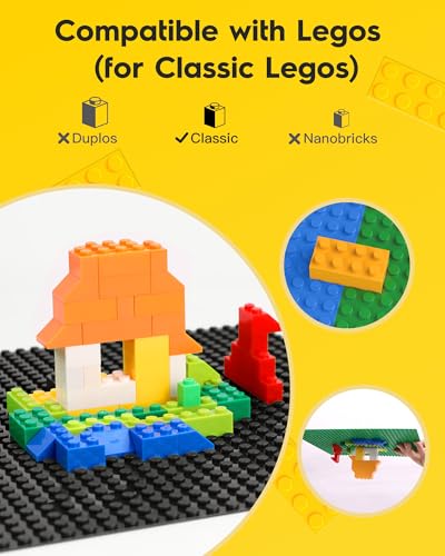 Image of Pokiiulk Classic Baseplates Building Plates, 2 Pack 10 inch x 10 inch Building Bases Compatible with All Major Brands, Classic Basplates for Bricks (Black)