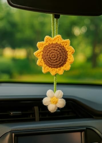 Image of VRB Dec Car Hanging Sunflower Crochet - 1 Pcs, 4pcs Flower, 5.9x2inch, Plastic, Hanging Ornament, Craft, Crochet, Car Dashboard Decoration, Car Mirror Hanging Accessories