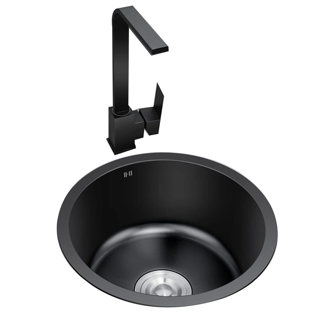 WIQUYBML Single Bowl Black Stainless Steel Round Sink With Faucet Kitchen RV Apartment Mini Bar Washbasin Embedded Siphon (Color : BlackB, Size 40 * 40cm)