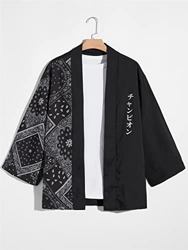 Men Japanese Cardigan Print Splicing Kimono Street Half Sleeve Shirt3