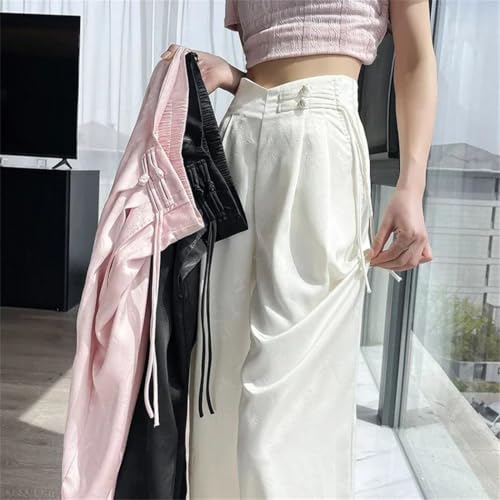 Women's Chinese Style Satin Pants Summer Elegant Wide Leg High Waist Solid Pockets Loose Trousers2