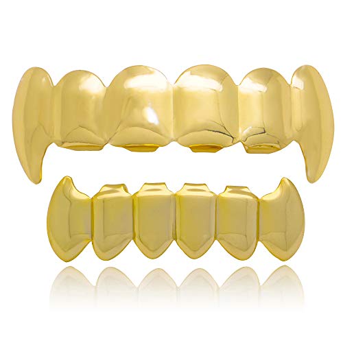 LuReen 14k Gold Teeth Grillz Shiny Vampire Fangs Grillz 6 Teeth Top Bottom Set Grillz Hip Hop Teeth Grills+ Extra 2 Molding Bars