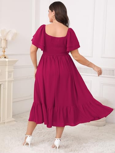 Image of SCOMCHIC Womens Plus Size Wedding Guest Cocktail Dresses Sweetheart Neckline Short Sleeve Smocked Ruffle Slit Maxi Dress