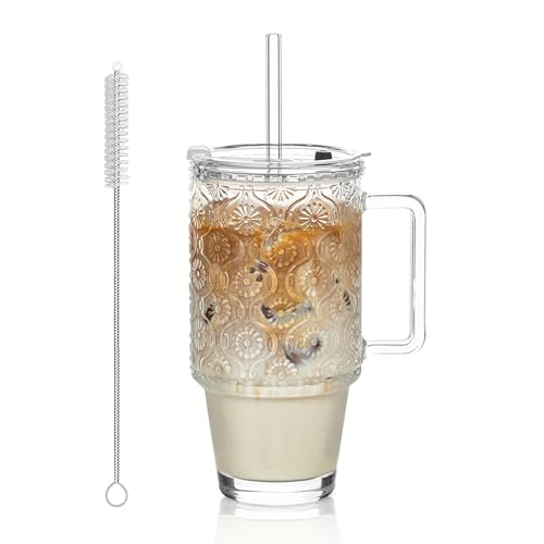 KEMORELA 24oz Glass Tumbler with Handle, Straw & Lid – Begonia Pattern Iced Coffee Cup, Reusable Tumbler Glass for Cold Drinks, Smoothies, Latte & Coffee, Drinking Glasses
