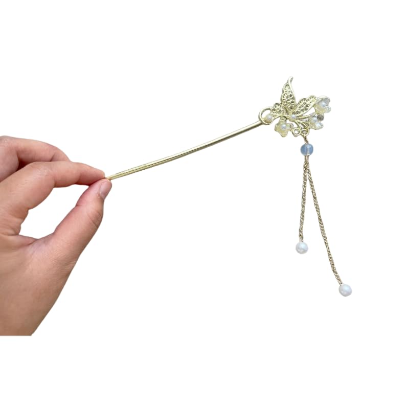 Traditional Chinese Hair Stick Set, Floral Design with Hanging Pearl Tassels