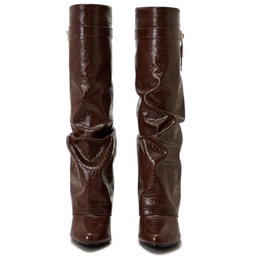 Image of Fold Over Boots for Women Pointy Pull-on Wedge Heel Knee Shark Boot With Side Zipper Padlock Design