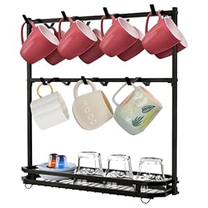 Coffee Cup Holder for Countertop, 14 Hooks Coffee Mug Holder Organizer, Mug Tree Rack with Storage Basket, 2 Tier Coffee Mug Cup Holder Stand for Coffee Bar, Kitchen