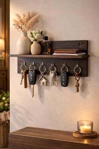 Image of Wall Mounted Key Holder & Organizer with Shelf | Wooden Key Stand with 6 Hooks | Multipurpose Wall Shelf for Keys, Sunglasses, Mask & Accessories| Entryway Storage wall key Rack (Dark Brown, 9x6 Inch)