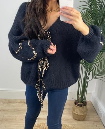 Image of Women's Tie Knot Leopard Heart Print Knit Cardigan Oversized V Neck Open Front Bandage Sweater Trendy Fall Knit Outwear