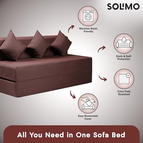 Image of Amazon Brand - Solimo 3 Seater 5 * 6 Jute Fabric Washable Cover Sofa Cum Bed with 3 Cushions 3 Seater Double Foam Fold Out Sofa Cum Bed (Finish Color - Brown Delivery Condition - Pre-Assembled)
