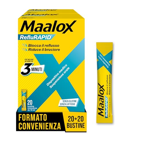 Maalox Reflurapid Blocca il Reflusso Gastroesofageo, Riduce Bruciore e Acidità di Stomaco, anche in Gravidanza - con Bicarbonato di Sodio, Senza Glutine, Senza Lattosio (40 Bustine Gusto Menta)