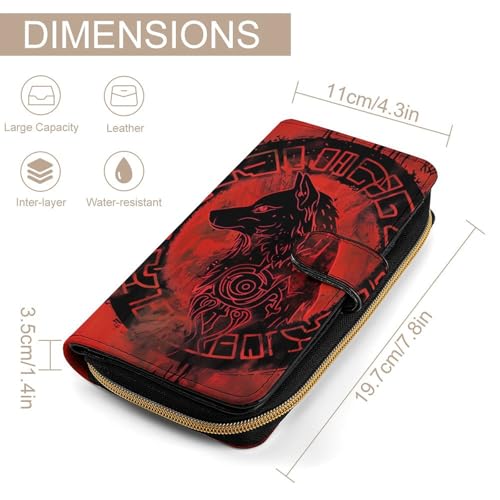 Norse Mythology Viking Wolf Leather Wallets,Long Wallet Purse,Slim Thin Leather Bifold Card Holder Wallet,Adjustable Buckle,Multi Cards Case,Large Capacity2