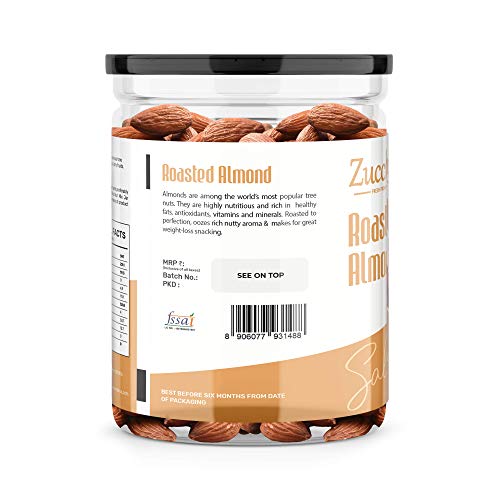 Image of Zucchero Premium California Roasted Almond, Lightly Salted, 400g - Protein Rich| Oil-Free Roasting |Slow baked Nuts | Earthy Flavour | No Oil