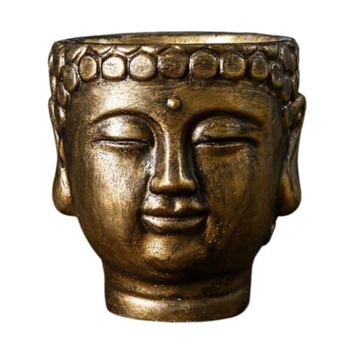 Milageto Macetero con Cabeza de Buda, Maceta Decorativa para Regalo, Estatua de Buda, contenedor de Flores para Plantas, macetero de Cemento para balcón, Sala, Bronce