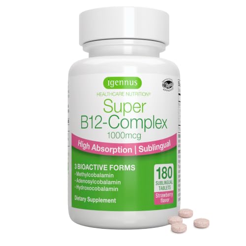 Igennus Sublingual Vitamin B12 Complex 1000mcg, Methylated Methylcobalamin, Adenosylcobalamin & Hydroxocobalamin, High Absorption & Clean, 180 Servings, Sugar-Free & Vegan