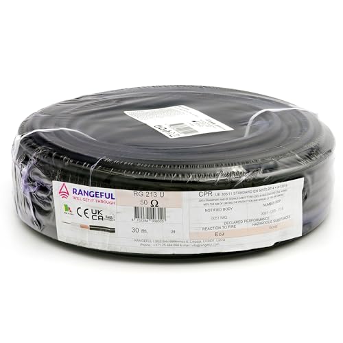RANGEFUL RG213 Cable coaxial 30 Metros — 50 ohmios RF coaxial de extensión — Compatible con Conectores de Tipo N SMA BNC TNC UHF PL259 — para WiFi Router Móvil CB Radio Modem — Fabricado en Italia