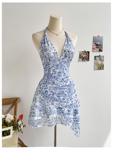 Image of BEAUDRM Women's Summer Mini Dress Halter Backless Vacation Beach Sundresses | Boho Dress, Floral Dress for Women, Vacation Beach Outfits, Going Out Dress, Brunch Outfits