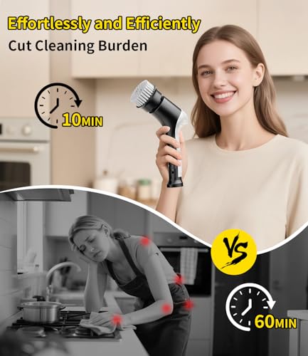 Image of Electric Spin Scrubber, Cordless Household Cleaning Brush with 6 Replaceable Heads, 3 Speeds, LED Display, Lightweight Handheld Power Scrubber for Cleaning Stove /Bowl /Sink /Corner /Tile /Grout-Black