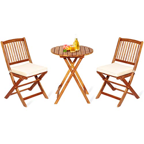 Giantex 3Pcs Patio Bistro Set, Wood Folding Table Set, 2 Cushioned Chairs for Garden Yard, Outdoor Furniture Round Table (Natural & Beige)