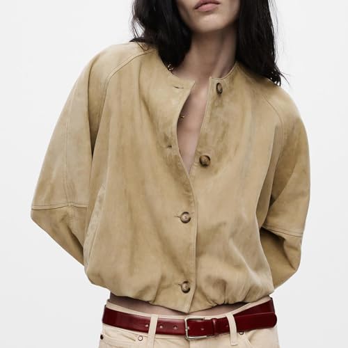 Ainangua Women's Faux Suede Button Bomber Jacket Oversized Gathered Hem Short Coat Casual Cropped Leather Jacket Outerwear2