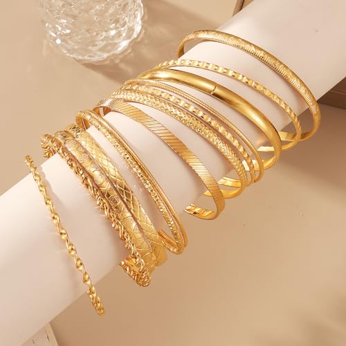17IF Gold Bangle Bracelet For Women, 14k Multilayer Charm Textured Stackable Bracelets Boho Indian Chunky Cuff Fashion Jewelry Gift4
