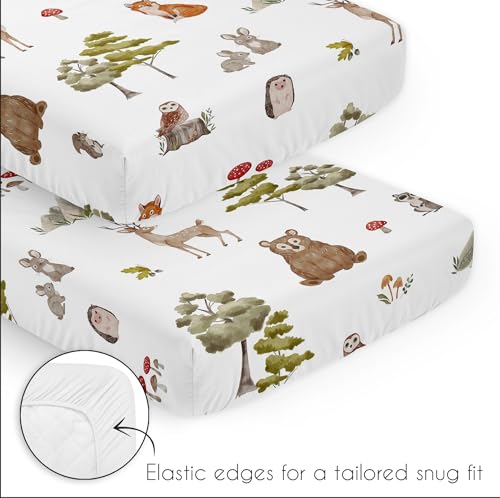 Image of Sweet Jojo Designs Woodland Forest Animals Boy Girl Gender Neutral Unisex Baby Mini Crib Bedding Set Infant Nursery Room Newborn Blanket Portable Pack n Play Sheets 3p Bear Fox Hedgehog Deer Squirrel