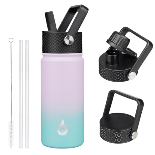 Image of BJPKPK Insulated Water Bottles with Straw Lid, 18oz Stainless Steel Metal Water Bottle, Cold Hot Thermo with 3 Lids, Leak Proof BPA Free Travel Cup, Wide Mouth Flasks, Thermo -Lavender Green