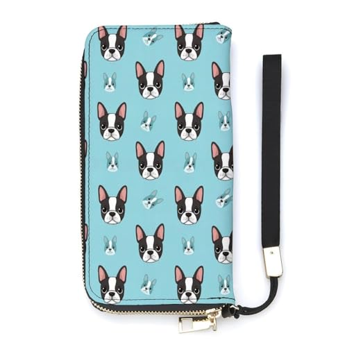 FOSKERV Wallets for Women, Smooth Lightweight Clutch Wallet Long Vertical with Hand Strap and Multi Card Slots for Birthday, Valentine's, Cute Blue Boston Terrier