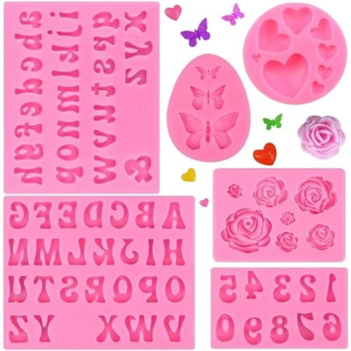 Letter Silicone Molds Alphabet Mold for Chocolate 6 Pcs Letter Number Flowers Butterfly Heart Shaped Fondant Molds for Making Strawberries Candy Gummy Cake Decorating