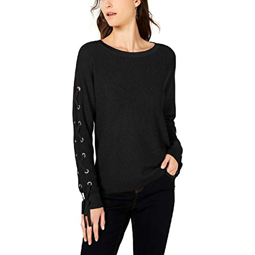 INC Womens Grommet Lace-Up Pullover Sweater Black M