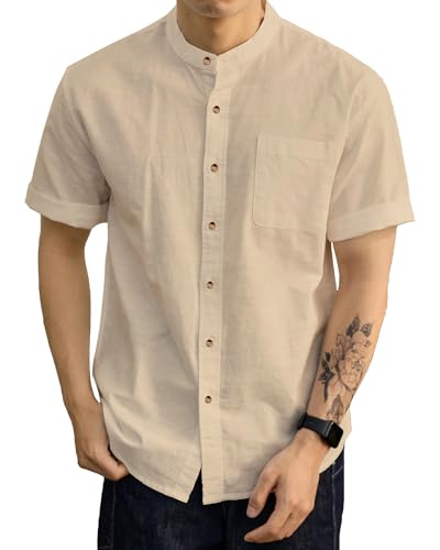 DUOLUVA Leinen Hemd Herren Kurzarm Henley Shirt Männer Comfort Fit Khaki L