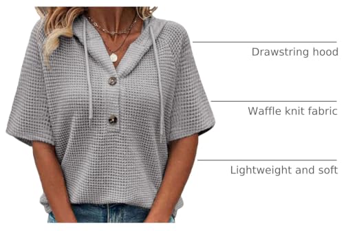Image of Dokotoo Womens Summer Tops Waffle Knit Short Sleeve Lightweight Drawstring Hoodies Button V Neck Casual Blouses Shirts