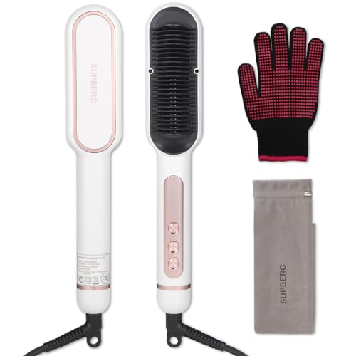 Negative Ionic Hair Straightener Brush with 9 Temp Settings, 30s Fast Heating Hair Straightening Comb with LED Display, Anti-Scald & Auto-Shut Off Hair Straightening Iron for Women (White)