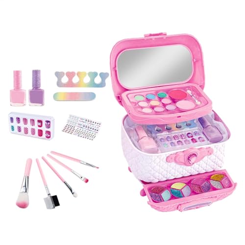 Bohany Juego de maquillaje para niños, juego de maquillaje para niños, juego de maquillaje para niñas, lavable, estuche de belleza plegable, juguete de maquillaje real, juego de vestir para muñecas de