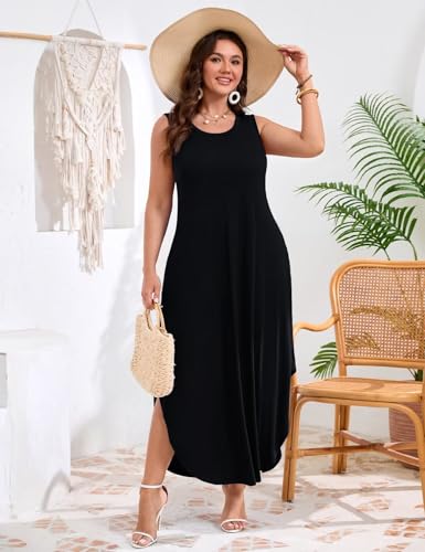 Image of JollieLovin Women Plus Size Summer Tank Maxi Dresses Sleeveless Causal V Neck Beach Long Dresses Swim Cover up (L-5X)