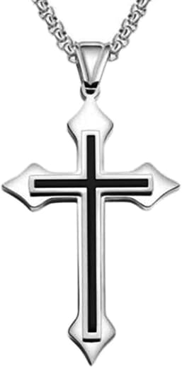M Men Style Religious Lord Jesus Christain Christ Cross Black and Silver Stainless Steel Pendant Necklace Chain for Men an...