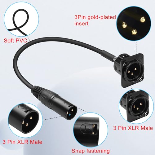 QIANRENON XLR Male to Male Audio Cable - 35cm/13.8in, Gold Plated, Panel Mount, for Stage Lighting & Sound Mixer - Image 3